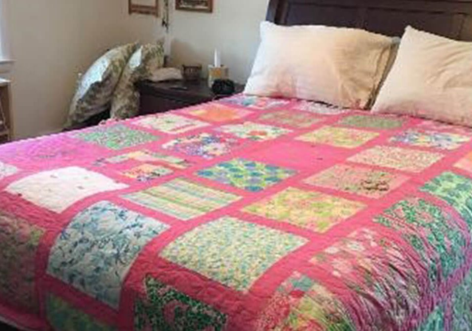 quilt made from Lilly Pulitzer clothing